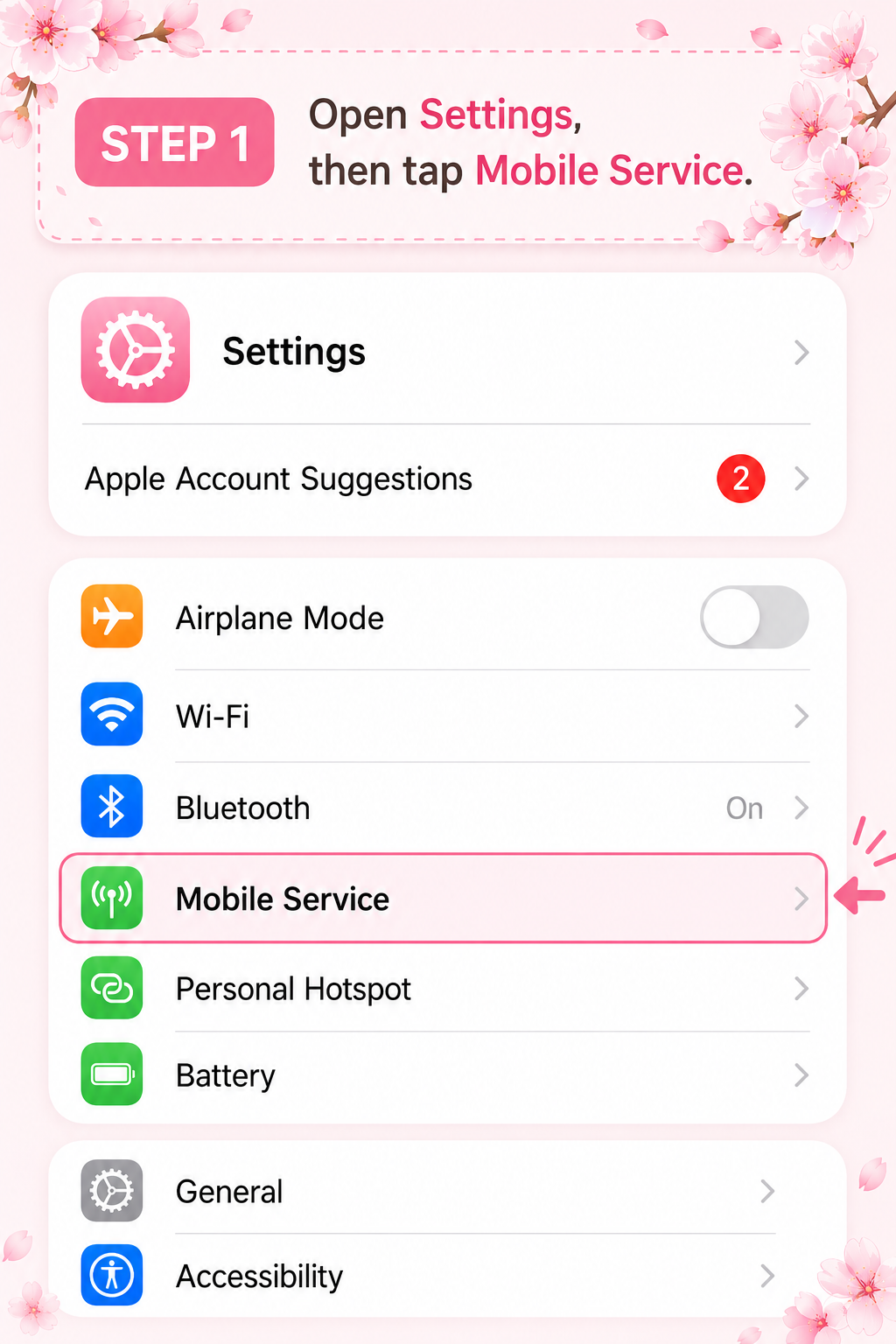 iPhone設定画面でモバイルサービスを選択する手順