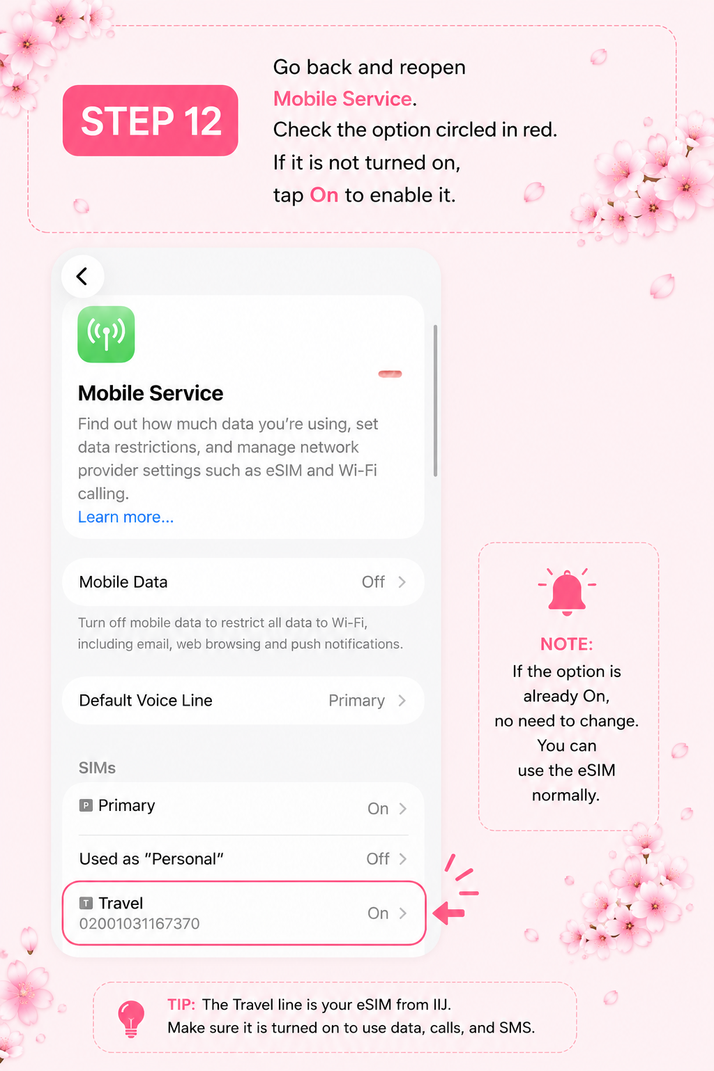 iPhoneでTravel回線がオンか確認する手順